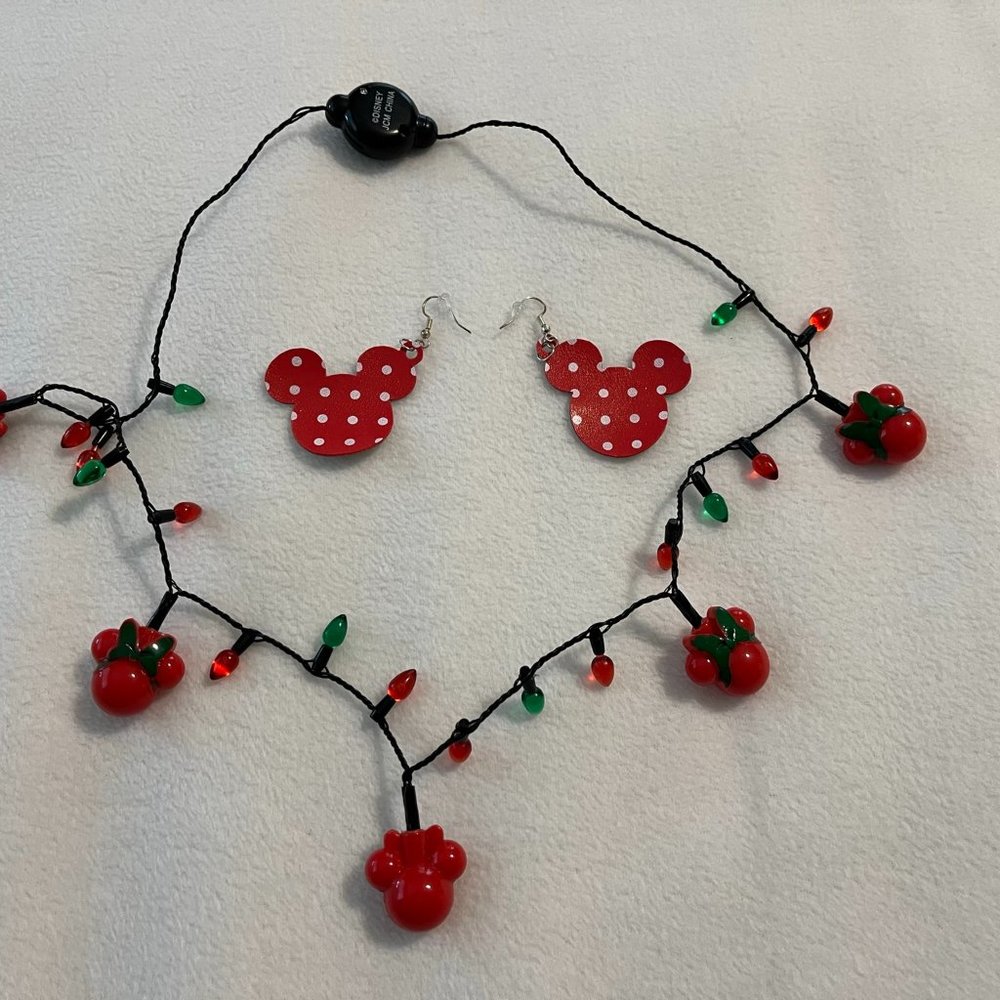 Disney Minnie Flashing Necklace & Red & White Polka Dot Earrings